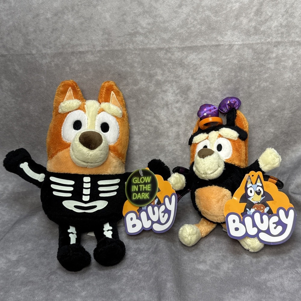 Bluey Bingo 9" Glow In The Dark Skeleton &‎ Clip On Spider 7" NWT Dan Dee Plush